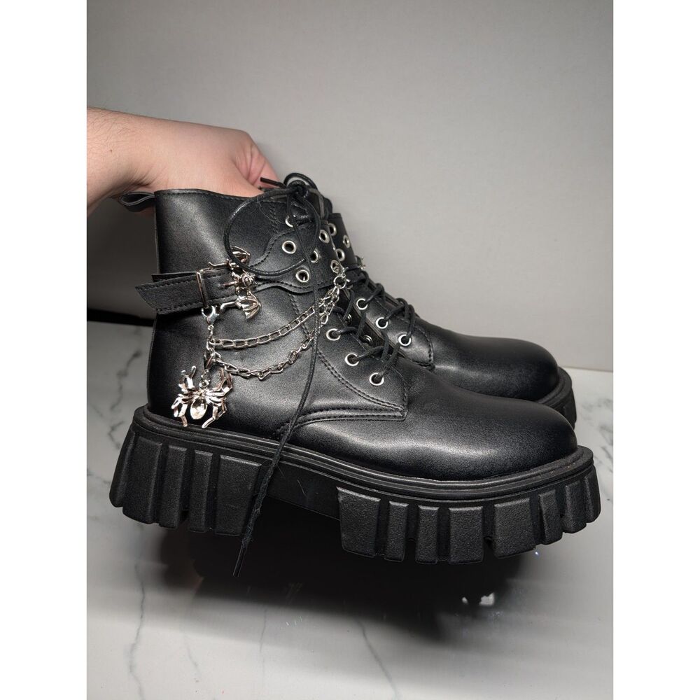 ROMWE Academia Women Lace Up Spider Decor Chain Round Toe Fashion Boots